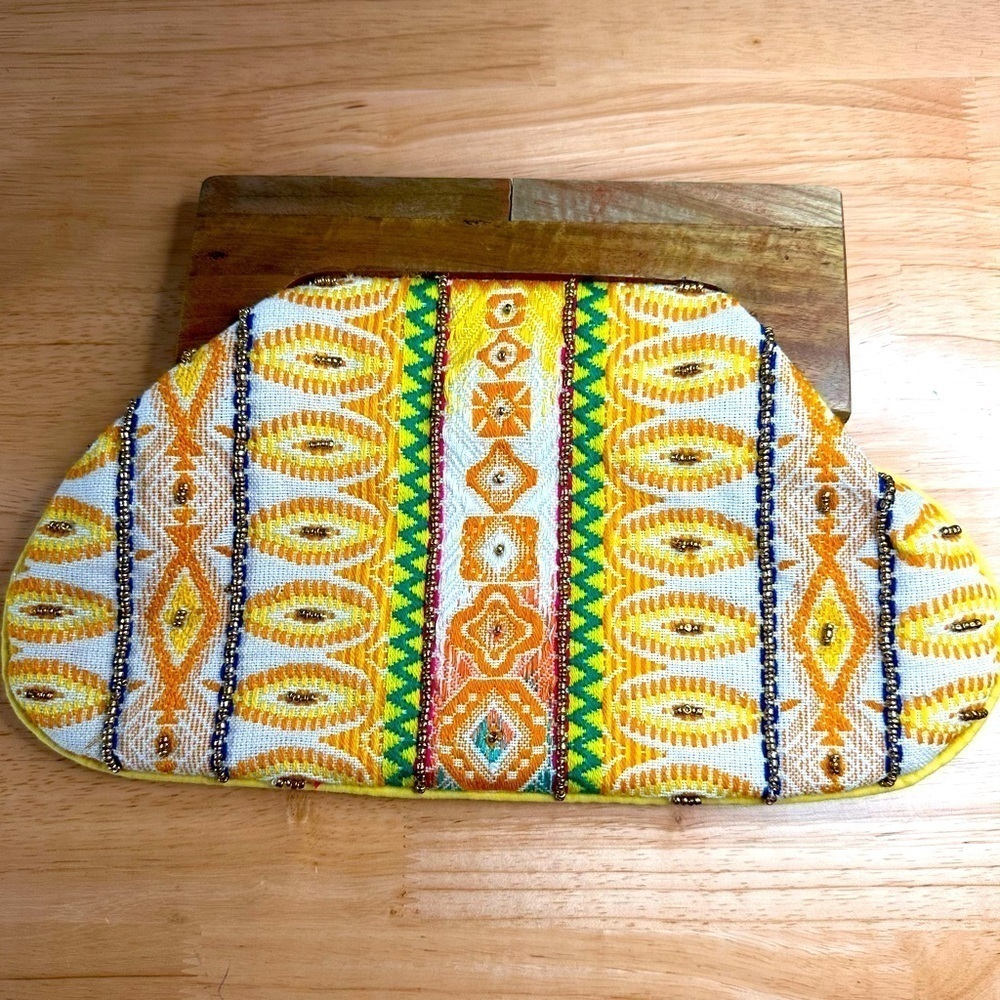 Beaded Clutch Bag with Wooden Handle